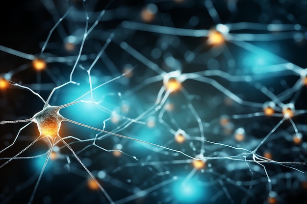 Cellule neurali con sfondo astratto che mostrano connessioni neurali e comunicazione