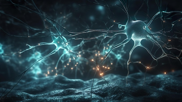 Cellule neuronali con incandescenza nelle sinapsi del cervello umano IA generativa