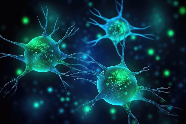 Cellule neuronali con nodi di collegamento illustrati che inviano segnali chimicamente elettricamente IA generativa