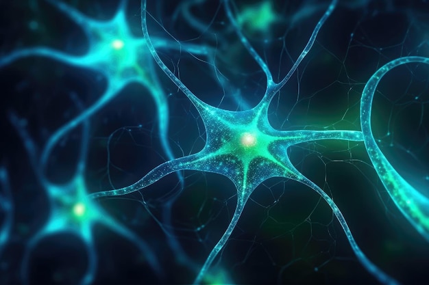 Cellule neuronali con nodi di collegamento illustrati che inviano segnali chimicamente elettricamente IA generativa