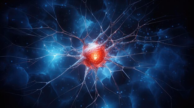 Cellule neuronali con nodi di collegamento luminosi nel concetto astratto di rete neurale dello spazio scuro Sistema umano
