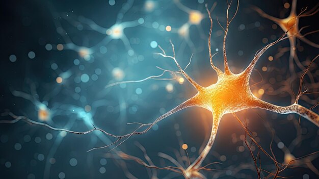 Cellule neuronali con nodi di collegamento luminosi nel concetto astratto di rete neurale dello spazio scuro Sistema umano