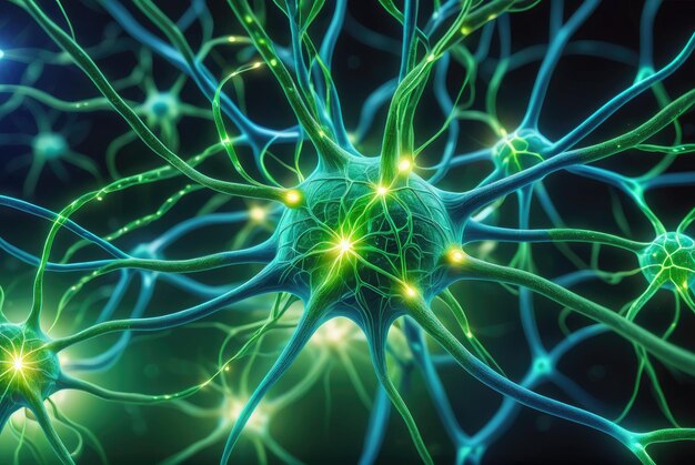 Cellule neuronali con nodi di collegamento luminosi Neuroni blu-verdi all'interno del cervello