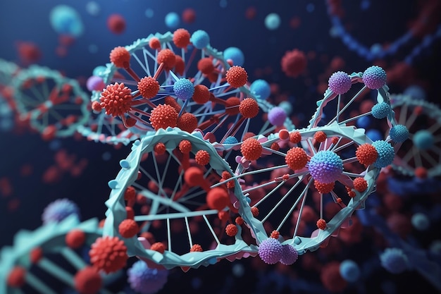 Cellule virali 3D che attaccano un filo di DNA