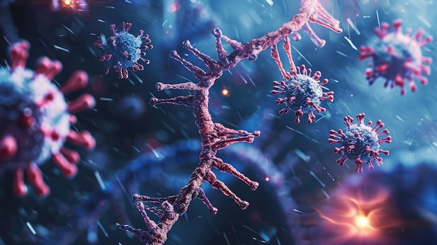 cellule virali che attaccano un filamento di DNA