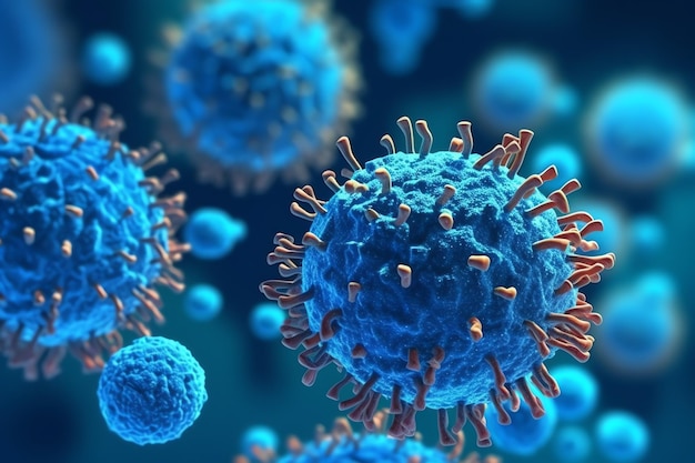 Cellule virali o batteri su sfondo blu Più particelle realistiche di coronavirus galleggianti
