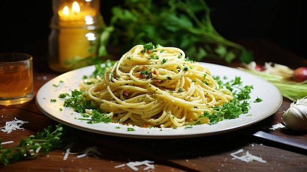 Cena con pasta fatta in casa aglio e olio con forchetta