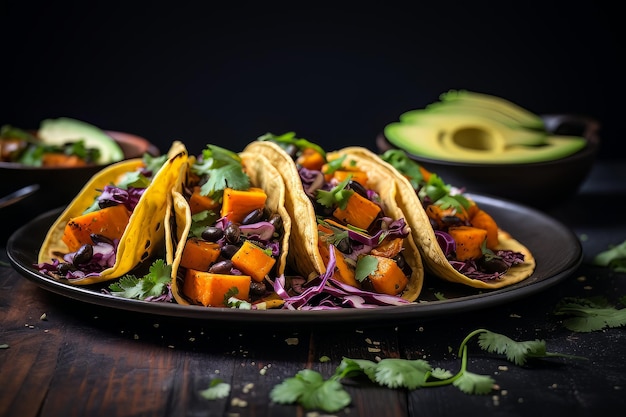 Cena con tacos di patate dolci e avocado, ricetta foto di cibo