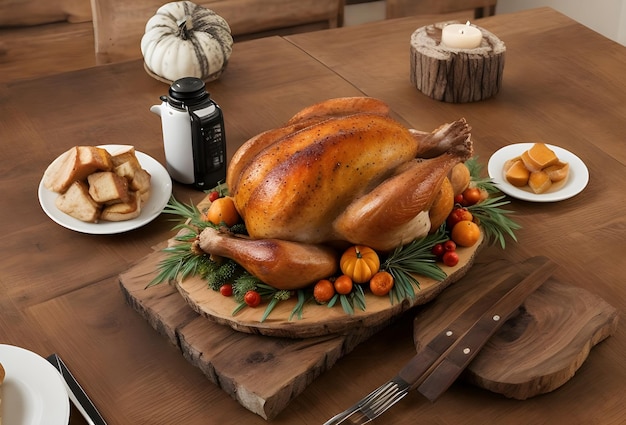 Cena del Ringraziamento con tacchino arrosto su un tavolo di legno rustico