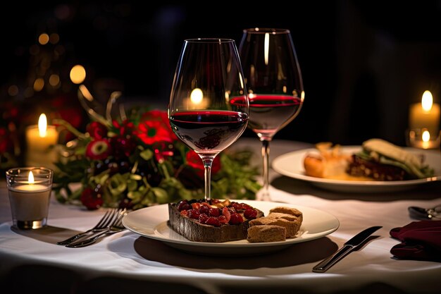 Cena di gala con un bicchiere di vino rosso sul tavolo