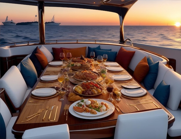 Cena di lusso a più corsi su uno yacht con tutti i servizi in mare