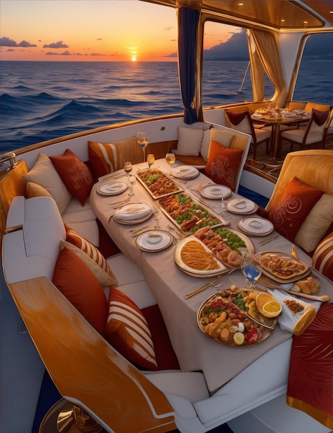Cena di lusso a più corsi su uno yacht con tutti i servizi in mare