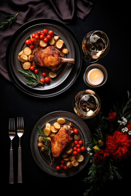 Cena di Natale per due vista dall'alto sfondo scuro generativo ai