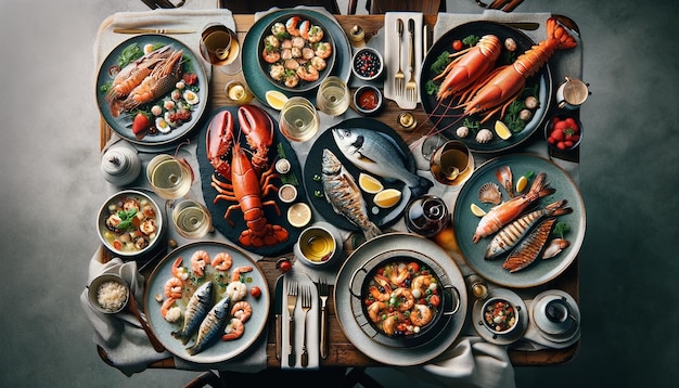 Cena elegante e variegata di frutti di mare con aragoste, pesce alla griglia e paella