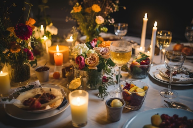 Cena festiva con gli amici decorato tavolo e sorrisi generativa IA