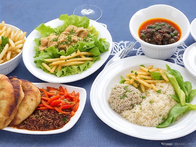 Cena fotografica gratuita con zuppe dolma, insalate e pollo con riso e patatine fritte