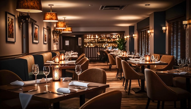 Cena in stile Tavoli pronti in un grande ristorante di lusso con un'atmosfera moderna IA generativa