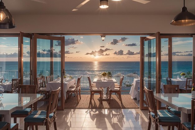 Cena mediterranea sulla costa, vista sul mare, eleganza imbiancata e serenità al tramonto