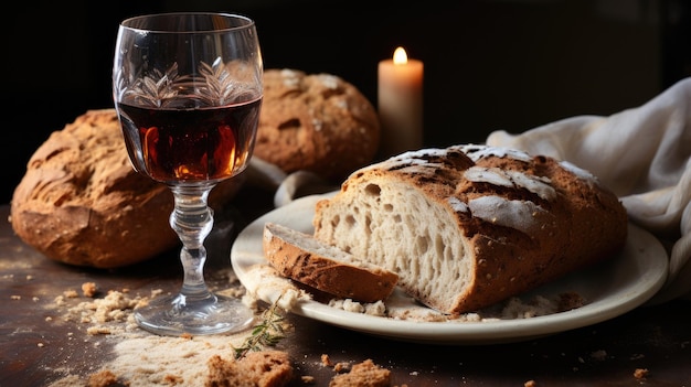 Cena pane vino e uva in tavola