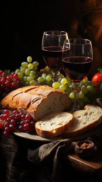 Cena pane vino e uva in tavola