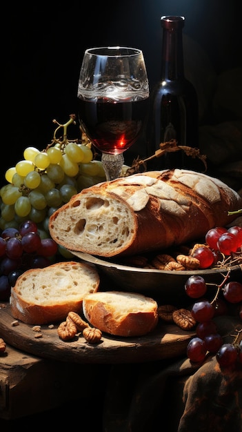 Cena pane vino e uva in tavola