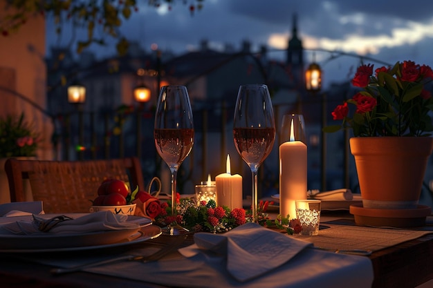 Cena romantica a lume di candela per due su un tetto