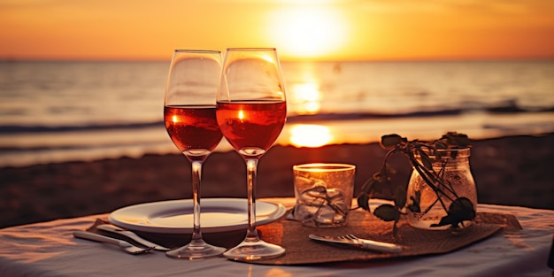 Cena romantica al mare due bicchieri di vino al tramonto IA generativa