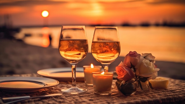 Cena romantica al tramonto sulla spiaggia Tavola di luna di miele per due con lussuosi bicchieri di cibo di bevande di vino rosa in un ristorante con vista sul mare