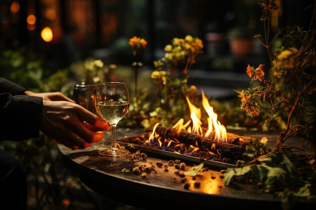 Cena romantica con bicchieri di vino accanto al camino in una casa accogliente