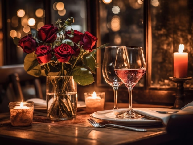 Cena romantica con fiori e argenteria candela e rosa rossa sul tavolo IA generativa