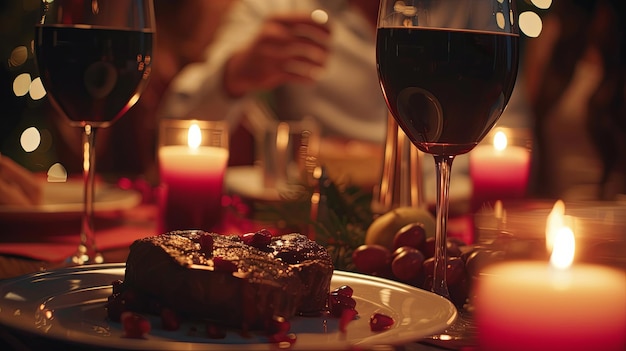 Cena romantica con un bicchiere di vino e un piatto di carne