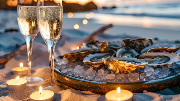 Cena romantica di frutti di mare con piatto di ostriche concetto di sfondo banner