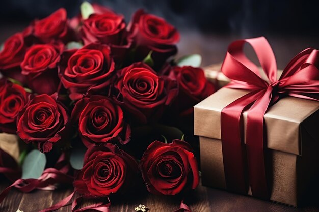 Cena romantica per il giorno di San Valentino 39 vino rose rosse regalo e due bicchieri da vicino su una superficie di legno