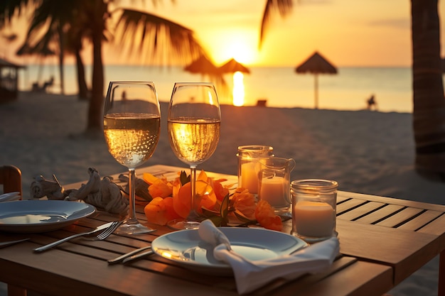 Cena romantica sulla spiaggia al tramonto Cena romantica su spiaggia