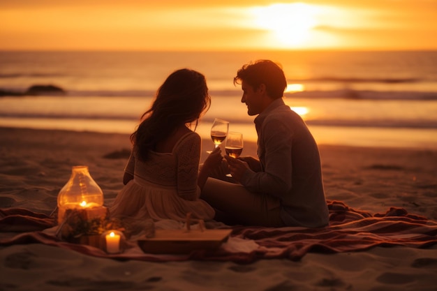 Cena romantica sulla spiaggia al tramonto Giovane coppia seduta sulla sabbia e bevendo vino