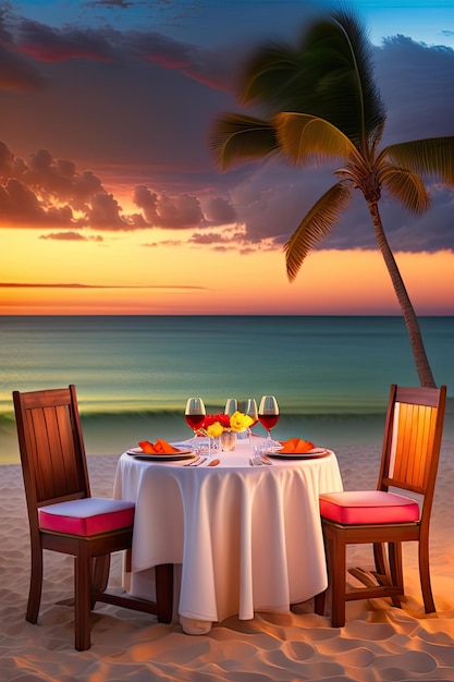 Cena romantica sulla spiaggia Cena con due bicchieri di vino in luna di miele