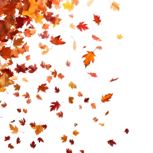 Centinaia di foglie autunnali cadono e volano su uno sfondo bianco ad alta risoluzione