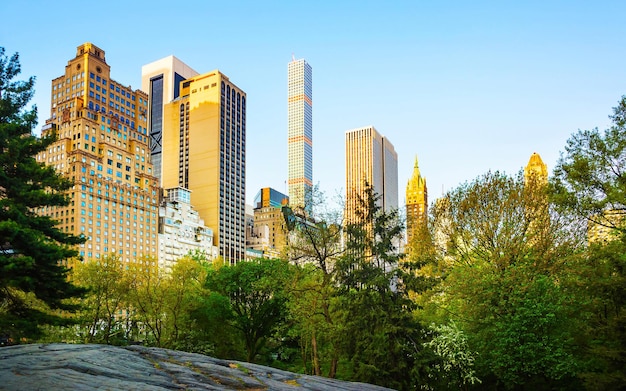 Central Park New York West, ottimo design per qualsiasi scopo. Midtown Manhattan, Stati Uniti. Vista con l'architettura Skyline of Skyscrapers a New York. Sfondo della natura. Paesaggio urbano urbano. New York, Stati Uniti