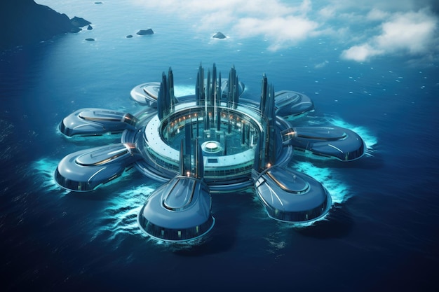 Centrale elettrica futuristica del futuro nell'acqua dell'oceano