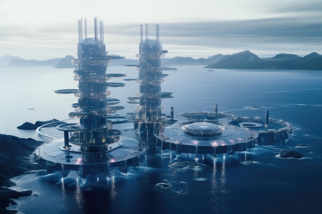 Centrale elettrica futuristica del futuro nell'energia dell'acqua dell'oceano