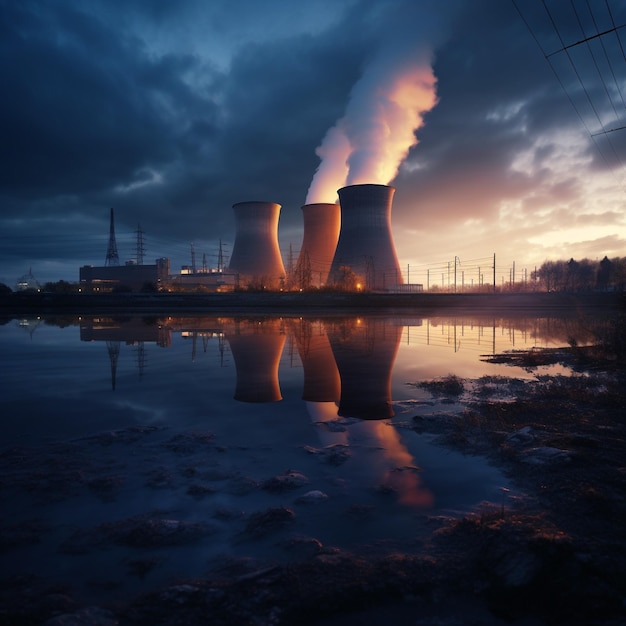 Centrale nucleare dopo il tramonto Paesaggio al tramonto con grandi camini