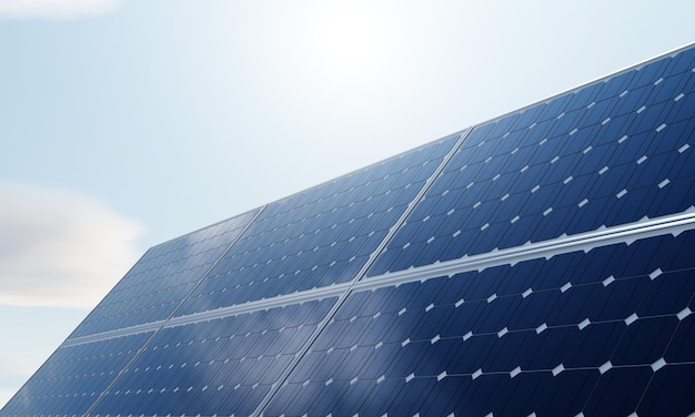 Centrale solare con pannelli solari per la produzione di energia elettrica da energia verde con sfondo blu cielo Tecnologia e concetto di centrale elettrica industriale 3D illustrazione