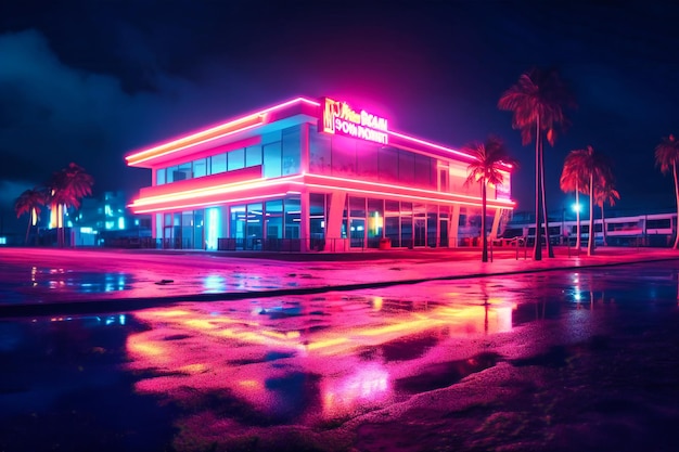 Centro commerciale al neon su una spiaggia vicino a un hotel