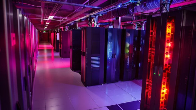 Centro dati illuminato viola e rosso con racks di server