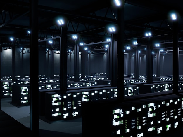 Centro di database moderno con server su rack, spazio IT utilizzato per lo stoccaggio globale di supercomputer. Sala server con luci lampeggianti, cloud computing e rete neurale. Animazione di rendering 3D.