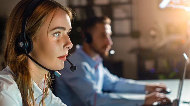 Centro operativo con operatori di call center che indossano cuffie e lavorano su laptop