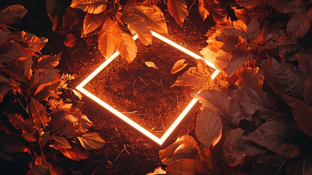 centro quadrato arancione e bianco neon luce con caduta autunno foglie generativo Ai