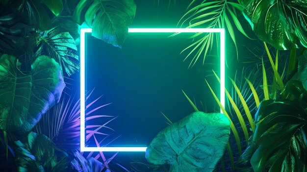 centro quadrato verde e blu luce al neon con foglie tropicali generativo Ai