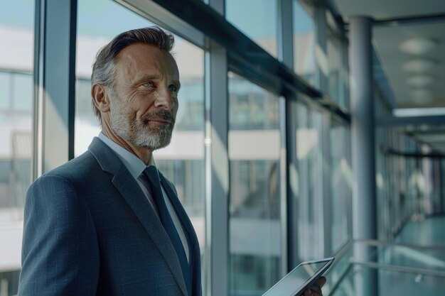 CEO di mezza età in abito sorride mentre usa un tablet digitale