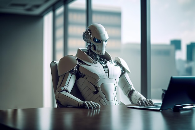 CEO di robot umanoide AI serio bianco che guarda il suo laptop AI generativa